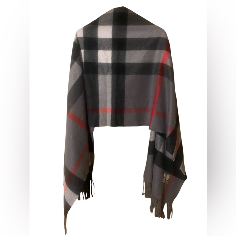 Sky Cashmere 100% Virgin Wool Scarf 26”X78” Fringe Beige Black Red Plaid Luxury - Picture 3 of 15